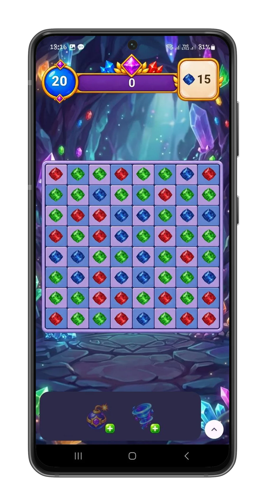 Match-three puzzle board with score, moves counter, and boosters