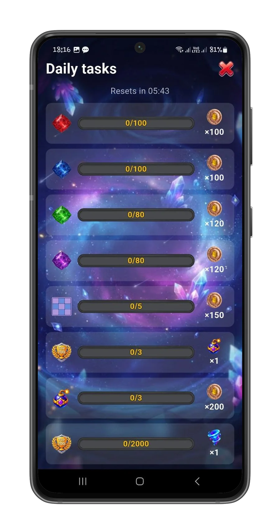 Daily tasks screen with progress and rewards